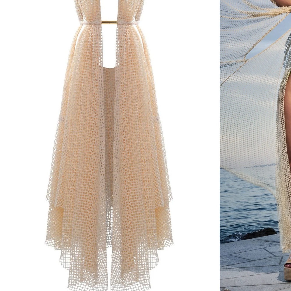 Beige Crochet Mesh Swim Coverup - Women